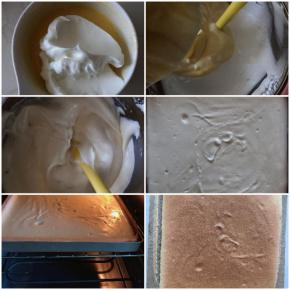 打好的蛋白先取三分之一加入蛋黄糊里翻拌均匀，然后再将剩余的蛋白与蛋黄糊混合均匀即可   ，准备学厨方形烤盘，垫油纸，全部倒入以后震气泡，即可进入烤箱烘烤，温度145度20分钟即可，具体看你的烤箱脾气