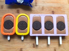 倒入模具中8分满，放上奥利奥饼干，放入冰箱冷冻一晚上