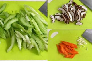 把芹菜、蘑菇和胡萝卜冲洗干净，依次用刀切好，蒜也切碎。