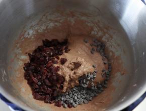 加入耐烤巧克力豆和蔓越莓干，将其揉均匀