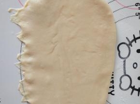 7、取一个面团擀开，擀成椭圆形。