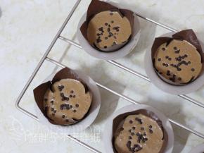 将蛋糕糊均匀地分在6个模具中，表面再撒上巧克力豆。