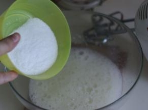 3. . 蛋白加入柠檬汁打发出粗泡，加入1/3砂糖。