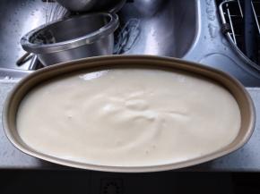 将蛋糕糊倒入铺有油布的模具，轻轻震几下