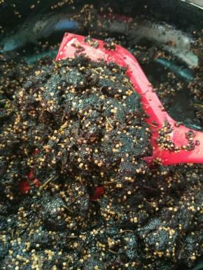 中火，大约15分钟后的样子。几乎没水分了，膏状。柠檬一切为二，挤入柠檬汁。柠檬一定要有，起防腐和提味的作用。