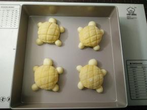 将6克小面团摆到菠萝包下面当头，3克的小面团，作为乌龟的腿整好形，室内进行最后发酵，发酵完成乌龟头和腿刷一层蛋液。