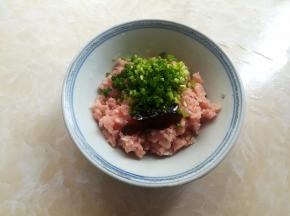 把肉末、生抽、蚝油和大半的葱花放入有深度的碗里