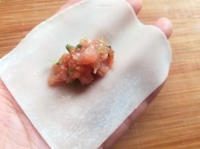 取一张馄饨皮，在中间往上一点的位置放上适量的肉馅