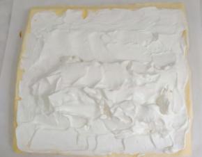 将打好的奶油奶酪抹在蛋糕胚上，三分之一处堆高一些。