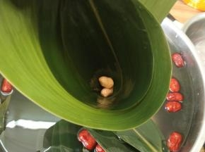 在底部放一两个花生，防止漏米。