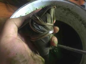 再将多余的粽叶往下折叠，完全盖住馅料，再用棕绳捆绑扎实即可；