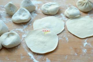 面团发酵到2倍大取出来，放在案板上，撒上一些面粉，排净空气，揉成一个光滑细腻的面团，搓成长条，分成小剂子，擀成圆片。包子片的大小根据自己喜欢。