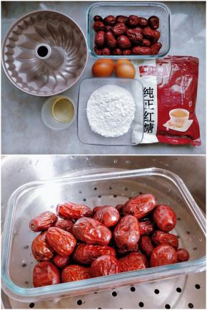 1. 准备好各种材料。鸡蛋最好用室温的，因为全蛋在40度时最容易打发，且比较稳定。 2. 先制作枣泥：将红枣洗净，入蒸锅大火蒸10分钟左右。