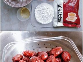 1. 准备好各种材料。鸡蛋最好用室温的，因为全蛋在40度时最容易打发，且比较稳定。 2. 先制作枣泥：将红枣洗净，入蒸锅大火蒸10分钟左右。