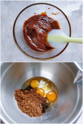 5. 取80克枣泥，加色拉油搅匀，放在一边晾凉备用。同时预热烤箱，上下火170度10分钟。 6. 接下来打发全蛋：将鸡蛋和碾碎的红糖倒入打蛋盆中。我用的是甘汁园红糖，红糖的甜度约为白糖的8成，这个用量做出来的成品甜度刚好。红糖比较容易结块，碾碎之后更方便打发。