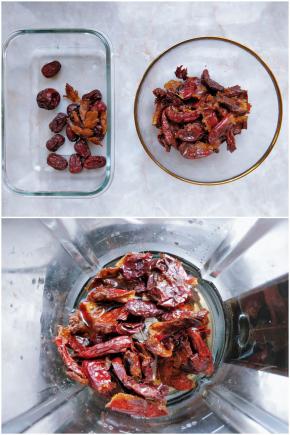 3. 蒸好后挤出枣核，只留带皮的枣肉。熟枣脱核比生枣方便，一挤就可以了，不用刀切。 4. 将枣肉加少许水，倒入破壁机或料理机中，选择酱料程序，搅成枣泥。