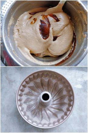 9. 再沿盆边倒入枣泥，轻柔拌匀，红糖枣糕的蛋糕糊就拌好了。拌好的蛋糕糊和刚打发完的全蛋体积差不多。 10. 然后用少许黄油（份量外，色拉油也可以）将模具内均匀涂一下，脱模的时候更方便。