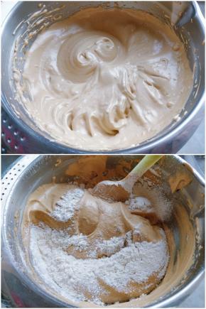 7. 用打蛋器将鸡蛋和红糖打发到体积膨胀3倍，打发的纹路不会轻易消失，表面是细腻的糊状，全蛋就打发好了。 8. 分两次筛入低筋面粉，从底部轻柔翻拌到无干粉状态。不要过度搅拌，以免消泡。