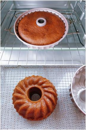 13. 完成后从烤箱中取出。因为没有添加任何人工的蓬松剂，完全靠打发鸡蛋的支撑力，所以成品的大小与入炉前差别并不大。 14. 倒扣脱模，晾凉切块就可以吃啦。