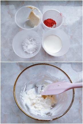 1. 先准备做滴落的草莓芝士酱需要的食材。 2. 将马斯卡朋奶酪在室温下用硅胶刮刀搅至顺滑，分两次加入淡奶油搅匀。