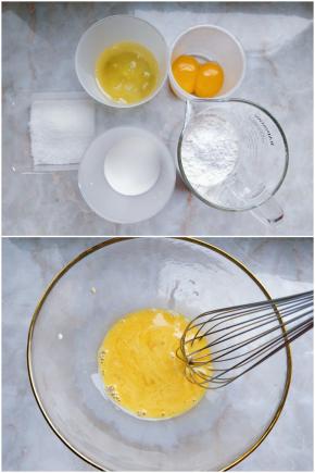 5. 再准备做舒芙蕾松饼需要的食材。6. 做蛋黄糊：将蛋黄加牛奶搅匀。