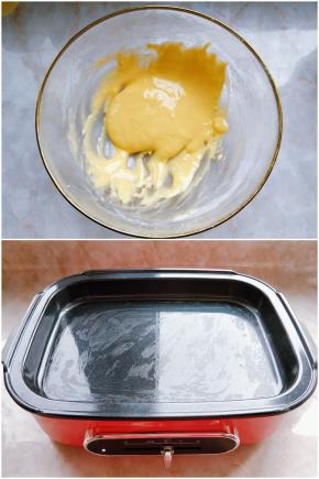 7. 筛入低筋粉和泡打粉混合，拌匀后把蛋黄糊放在一边备用。 8. 将ACA多功能料理锅的浅盘放在主机底座上，用少许黄油（份量外）涂抹盘内，再开低火进行预热。其实这个浅烤盘本身是不粘涂层的，可以直接使用，但是加了黄油，上色会比较好看。