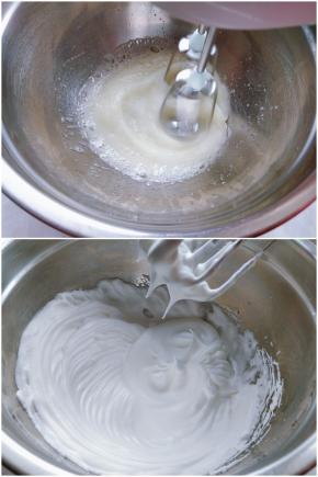 9. 接着打发蛋白霜：另一边把细砂糖倒入蛋清中，用电动打蛋器打发。 10. 打发到提起打蛋头，能形成坚挺的小直角的状态，蛋白霜就打好了。