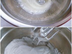 9. 接着打发蛋白霜：另一边把细砂糖倒入蛋清中，用电动打蛋器打发。 10. 打发到提起打蛋头，能形成坚挺的小直角的状态，蛋白霜就打好了。