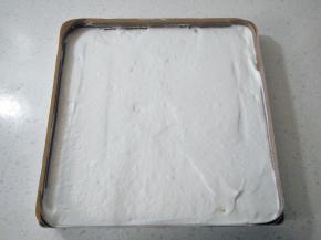 倒进铺了油布的烤盘，用刮板刮平表面，轻震几下震出大气泡。