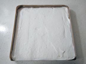 倒进铺了油布的烤盘，用刮板刮平表面，轻震几下震出大气泡。