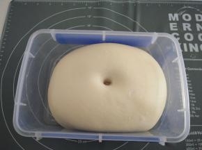 然后放容器里发酵至两倍大，用手指沾点干面粉，在面团中间捅个洞，周围不反弹、不回缩是就发酵好了。