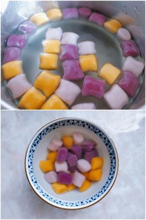 9. 然后煮芋圆：小锅中加水煮沸，将芋圆倒入煮到浮起，再稍煮片刻（整个过程5分钟以内）。
10. 煮好的芋圆用凉开水冲一下，倒入小碗中，泡在凉开水中备用（芋圆很容易煮熟，煮过了容易松散，口感不好）。