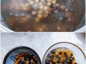 7. 接着煮珍珠：锅中加水煮沸，将两种颜色的珍珠都倒入锅中，中火煮15分钟左右，中途不停搅动，以免糊底。 
8. 煮好后再把它在热水中泡15分钟左右，过凉开水备用。珍珠圆子要煮透，口感才软糯。过一下凉开水更加Q弹不粘连。