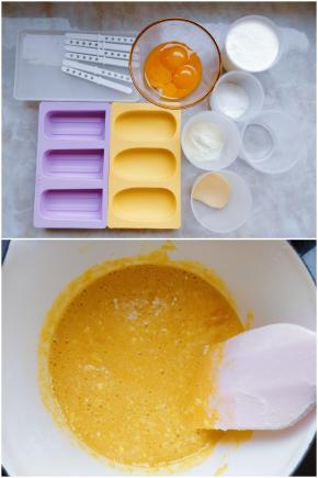 准备好模具和各种食材。糖量可根据口味酌情增加。将生蛋黄加水搅匀，再加入炼乳和奶粉倒入小锅拌匀。