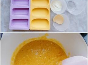 准备好模具和各种食材。糖量可根据口味酌情增加。将生蛋黄加水搅匀，再加入炼乳和奶粉倒入小锅拌匀。