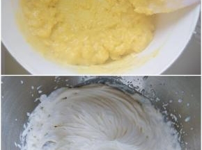 用小火加热，不停搅拌，直到锅中的液体变的粘稠，锅底出现一层膜，倒出晾凉。冷藏了一夜的淡奶油加细砂糖和香草精，稍微打发到变得粘稠。