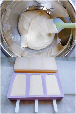 加入第4步晾凉的蛋黄糊，用打蛋器混合成均匀的糊状。将雪糕棒从模具内朝外插好，把雪糕糊倒入其中，轻震几下模具，颠出气泡。用刮刀抹平表面。