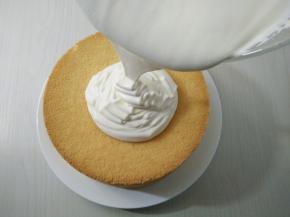 将打发好的奶油倒在蛋糕胚中心。