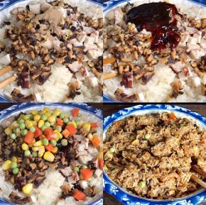 再把馅料食材和调料，全部加入糯米饭中，充分拌匀备用