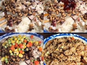 再把馅料食材和调料，全部加入糯米饭中，充分拌匀备用