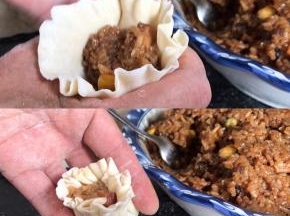 放入馅料，用手虎口处，慢慢把面皮收拢，一个烧麦就包好了