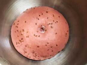 在28度左右的环境中进行基础发酵，面团发至原来的两倍大，手指沾粉戳洞，不回缩不塌陷即可。