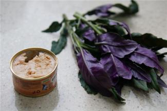 第二天早上起来，备一份配饭团所需的其它食材，这个根据个人喜好来调。如图我配的是一份胡萝卜金松鱼及一点蔬菜叶子。