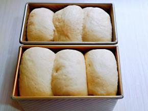 依次做好的卷，放入吐司模具中，放入烤箱进行发酵，放入一杯开水，保持面包胚的湿度，发酵至9分满。