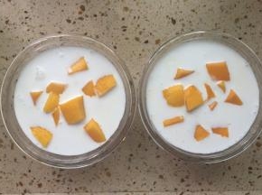 拿两个小碗，把芒果西米平均倒入碗中，然后在上面倒上一层椰汁牛奶，把芒果丁放在上面。