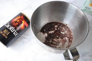 首先将除了芝麻外的所有食材放在盆中，水不要全部放进去，预留10克左右，因为每种面粉的吸水性不同。可可粉我用的是Caotina瑞士进口黑巧克力可可粉，您如果是用其它的，请进行适量调整。