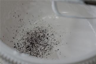 打至糖霜微微发泡，就将黑醋栗粉，由少至多的加入