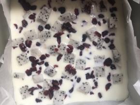 火龙果丁、蔓越莓碎均匀撒在酸奶上；