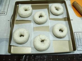 然后将面团另一端放置在擀开的尾部，用擀开的那一边将另一边包裹起来，捏紧，形成圆环形。摆放在垫有油纸的烤盘上。油纸可以提前裁好，可以提着油纸拿起贝果。