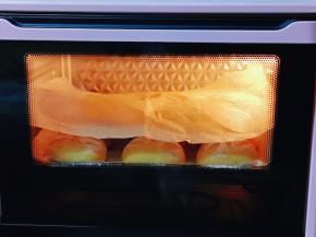 大概烤了8分钟左右的样子，我加盖了一箱油纸。(注意观察颜色，上色后立即加盖一张油纸)